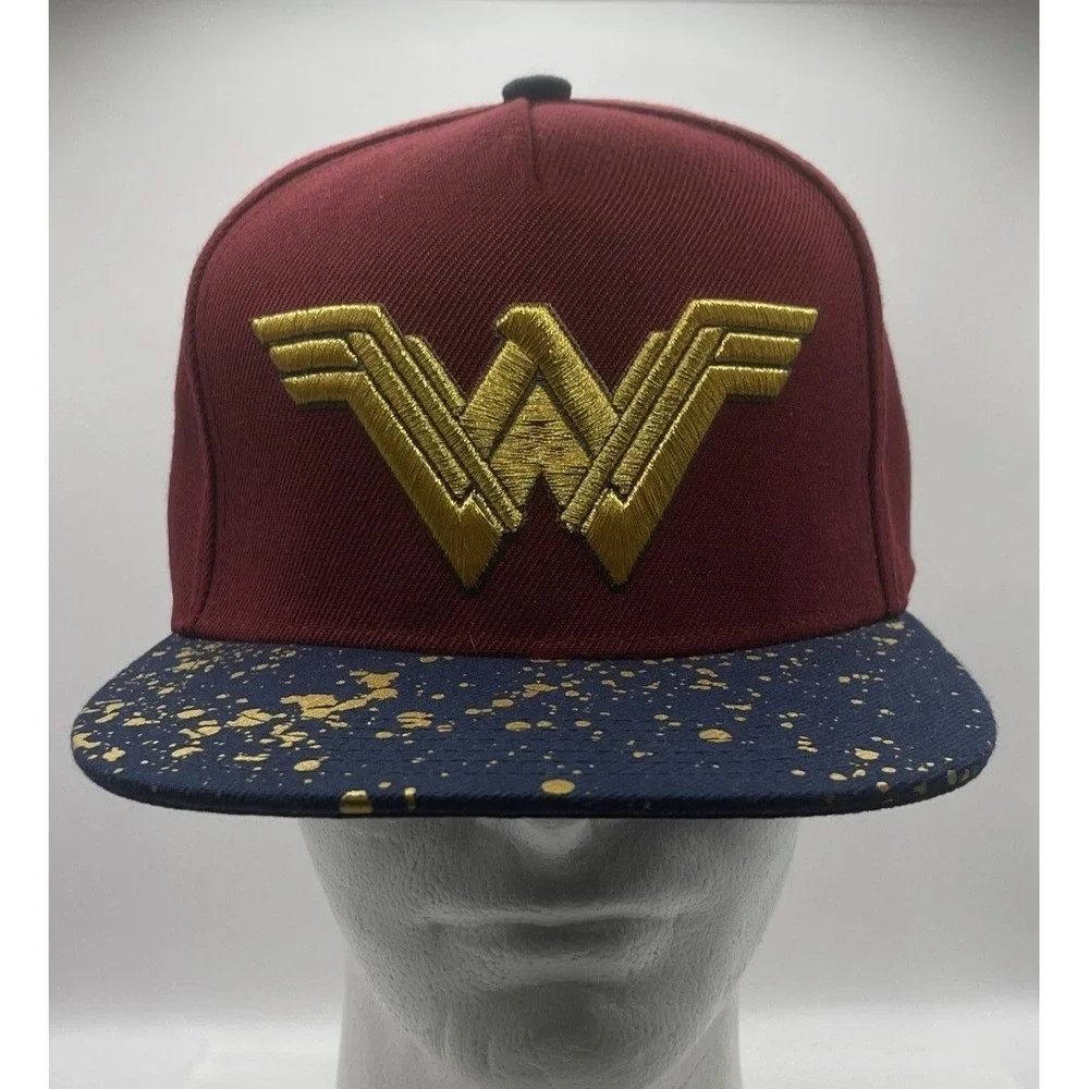 DC Comics Wonder Woman Snapback Hat Women OS Burgundy‎ Gold Splatter Cap